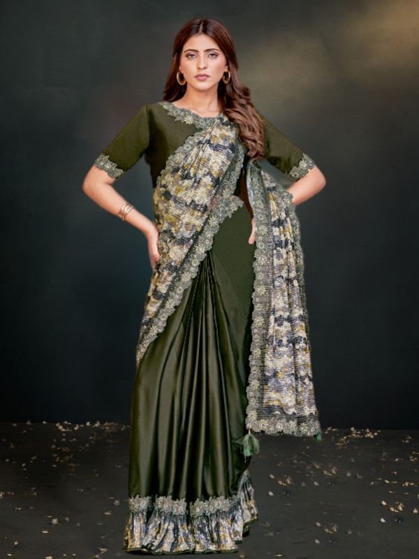 Dark Green Crepe Satin Silk Ready To Wear Saree